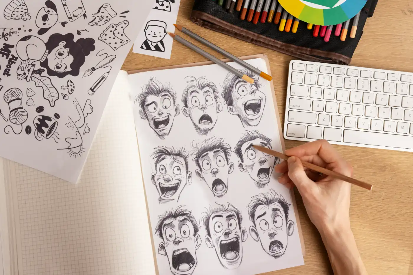 Character design sheet with a range of facial expressions drawn in pencil