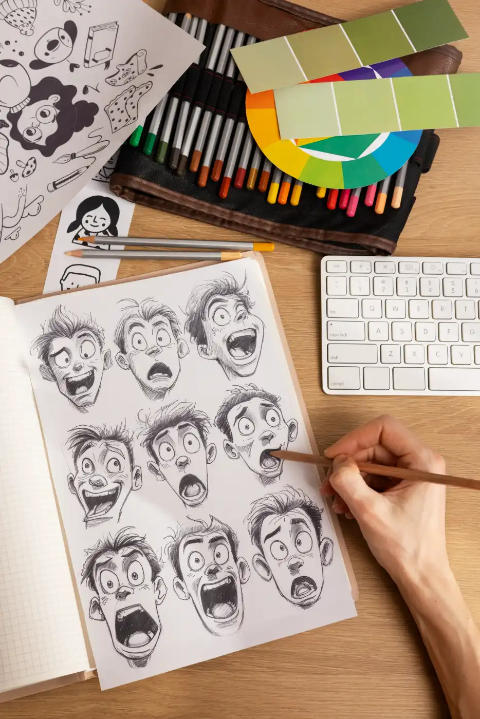 Artist drawing character expression sketches on a reference sheet