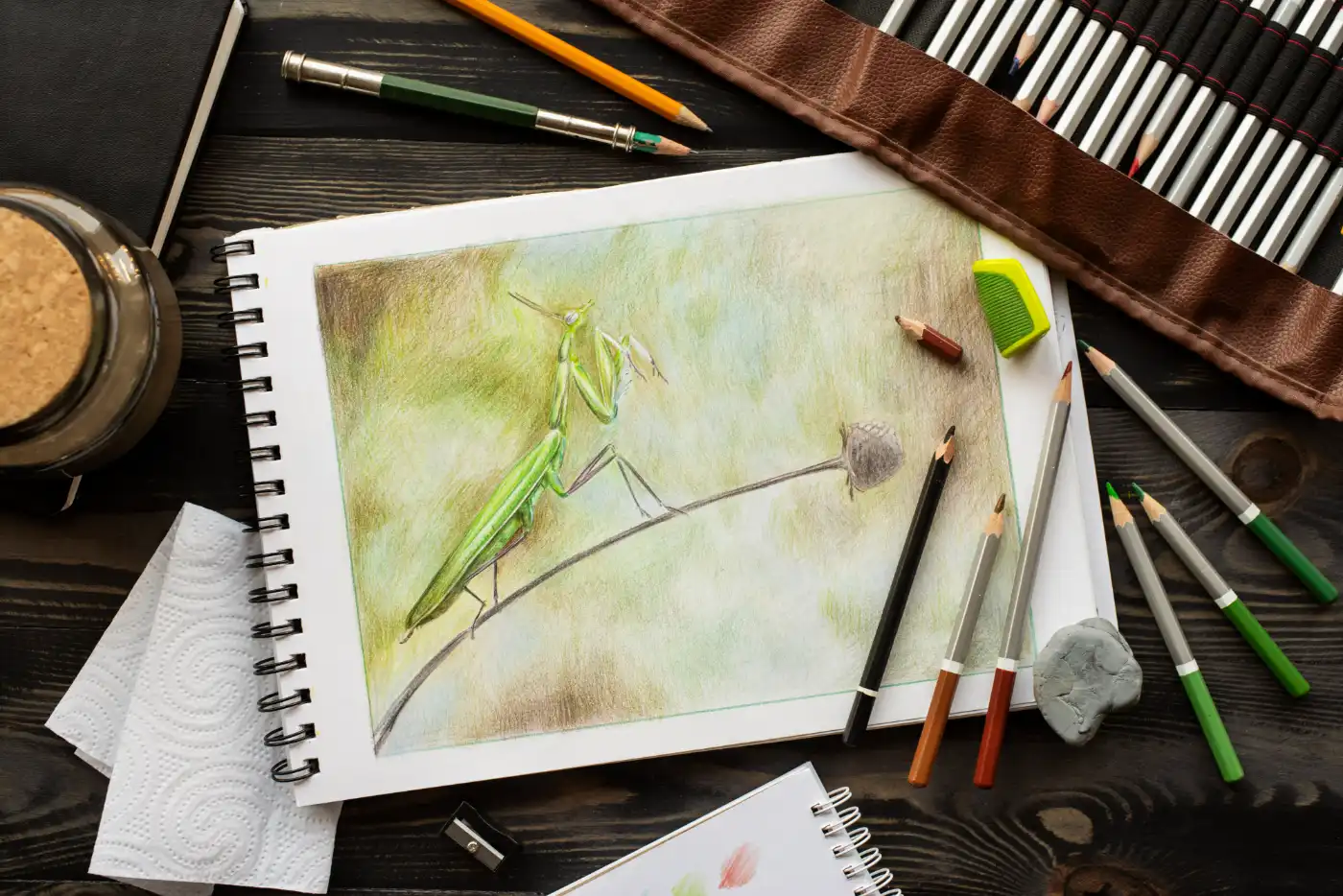 Sketchbook page with a drawing surrounded by pencils and art supplies